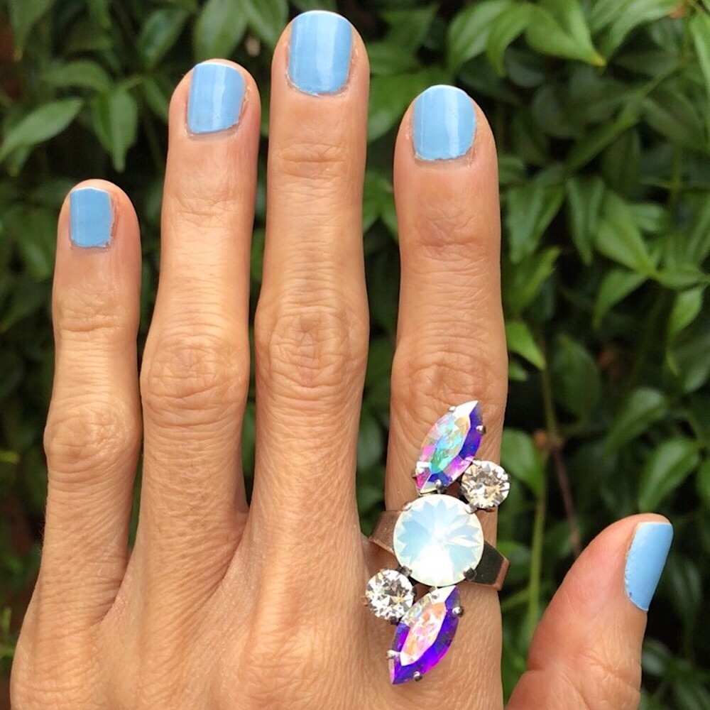 White Opal + Aurora Borealis Boho/Tribal Crystal Ring